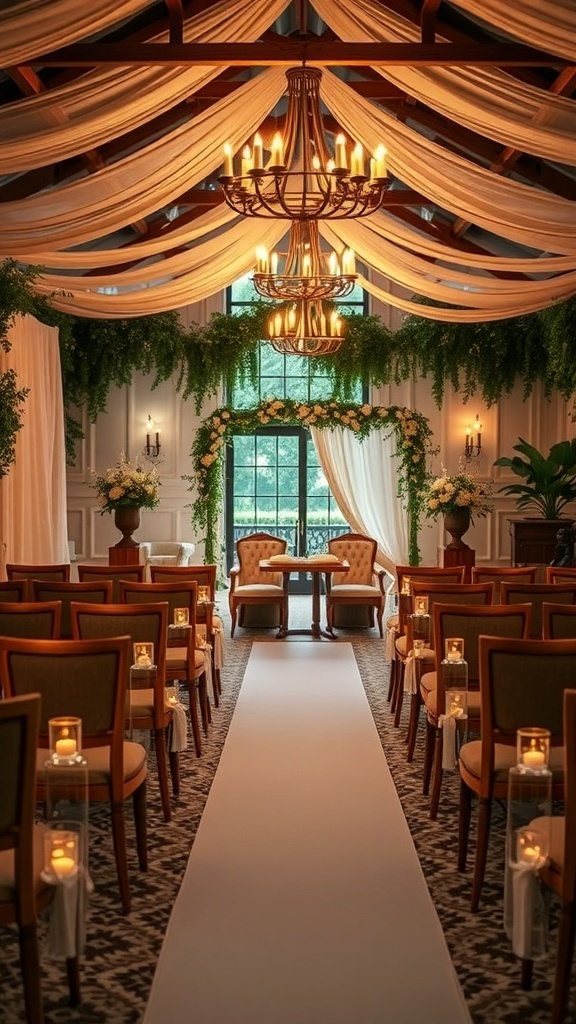 Elegant microwedding venue with chairs, candles, and floral decor.