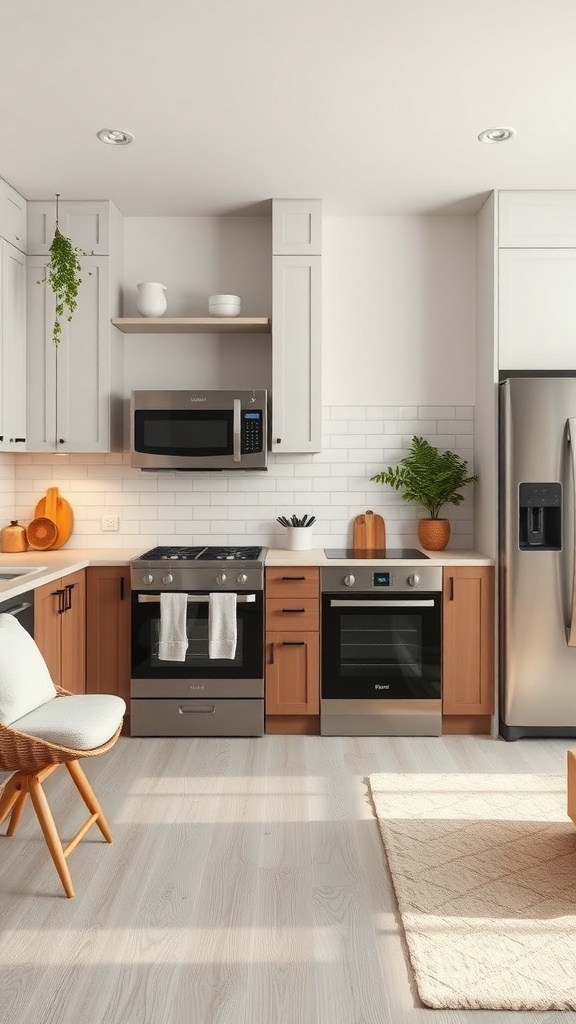 A cozy kitchen featuring modern appliances and warm wooden accents.
