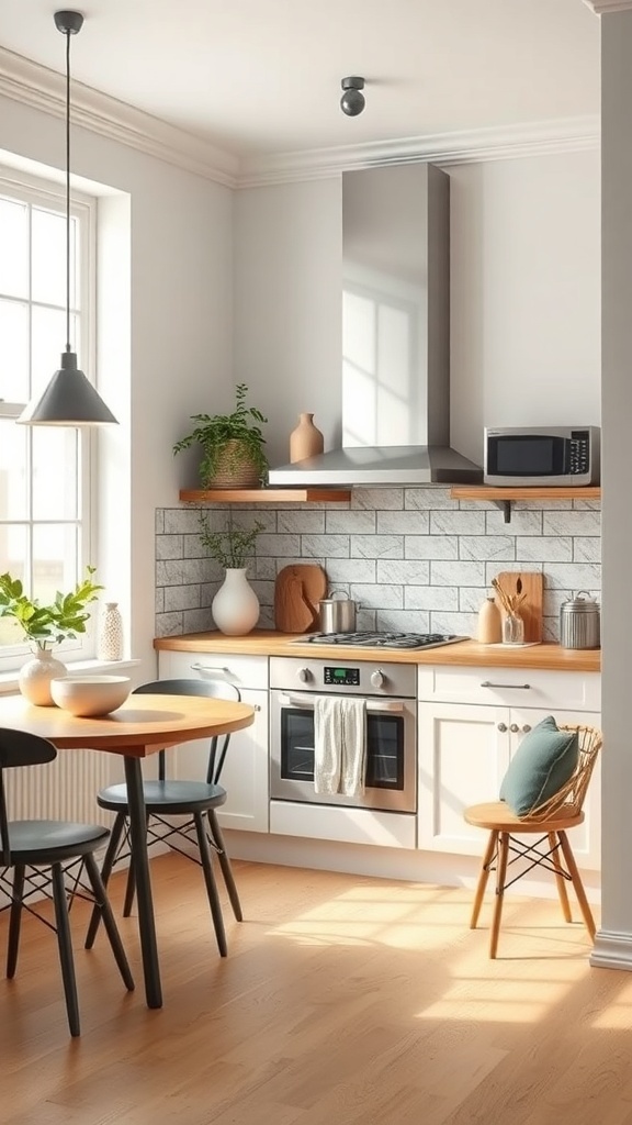 A small apartment kitchen featuring a stylish backsplash, wooden shelves, and modern appliances.