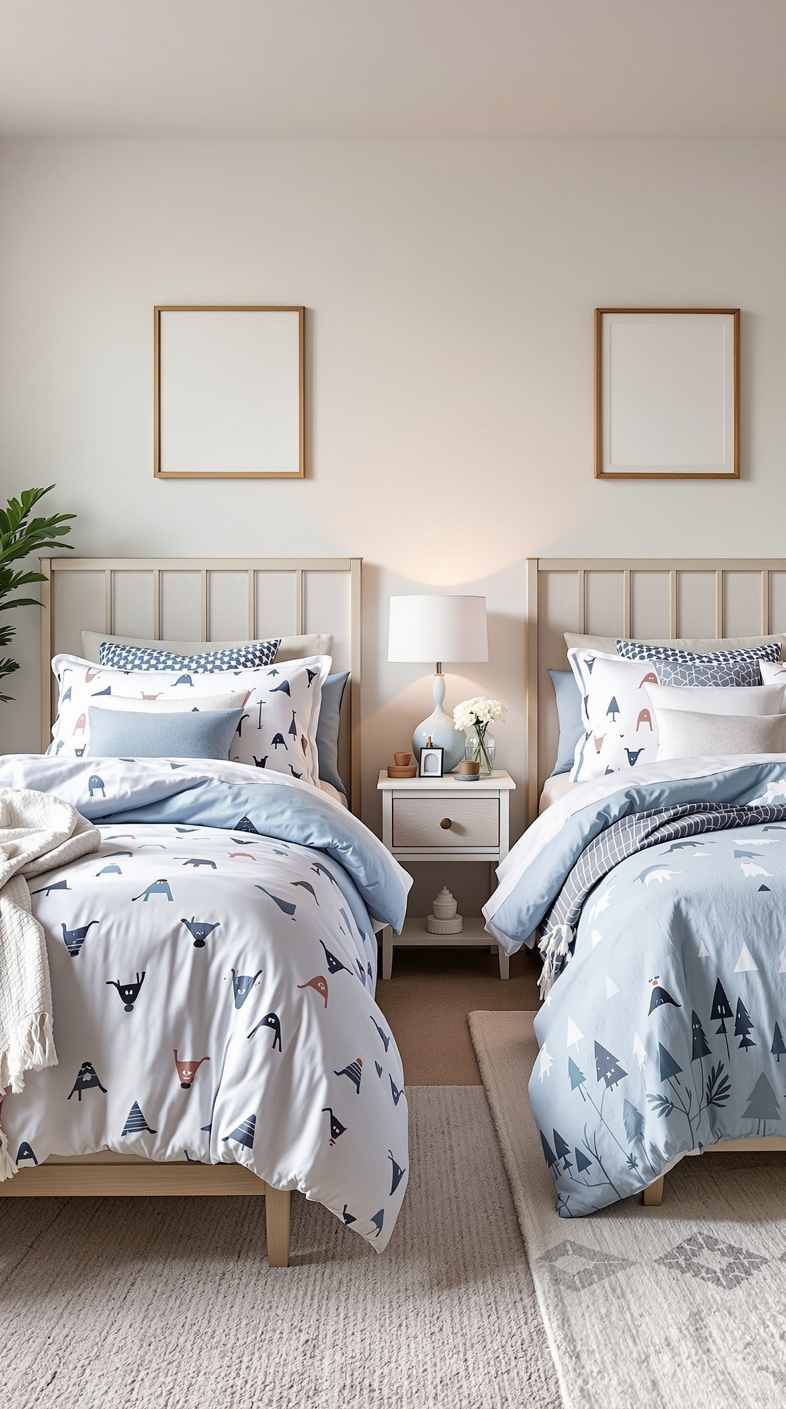 A shared bedroom for a boy and girl featuring two beds with different bedding styles, one with playful animal patterns and the other in calming blue.