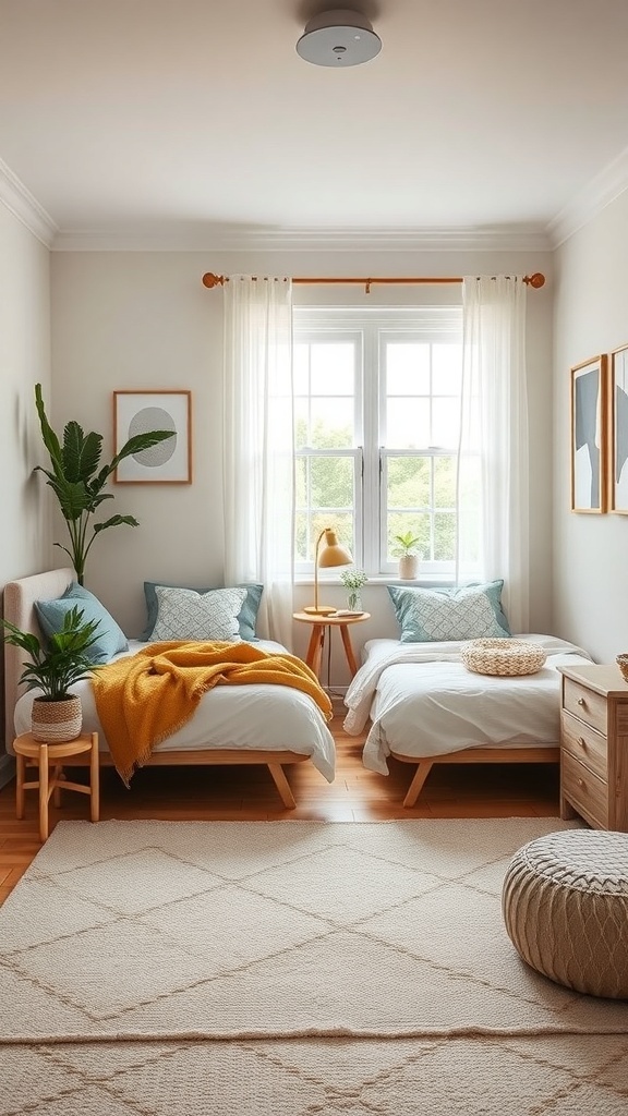 A small shared kids bedroom with two beds, bright bedding, and a cozy atmosphere.