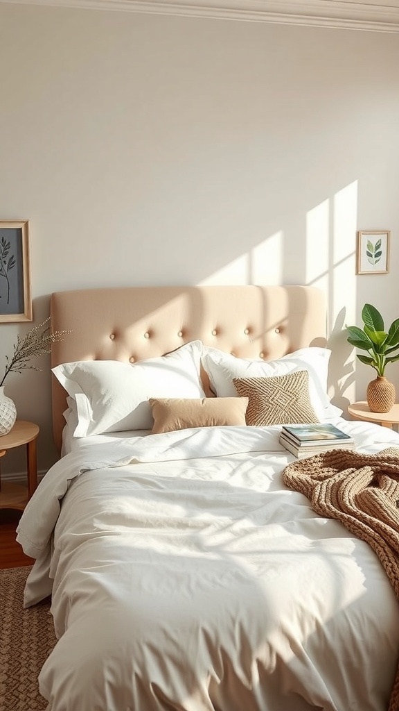 A cozy single bedroom with a neatly made bed featuring soft, neutral bedding, decorative pillows, and a warm throw blanket.