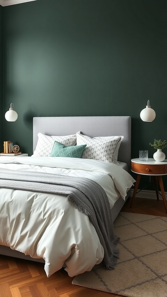 A cozy dark green bedroom featuring a light-colored bed with textured bedding and accent pillows.