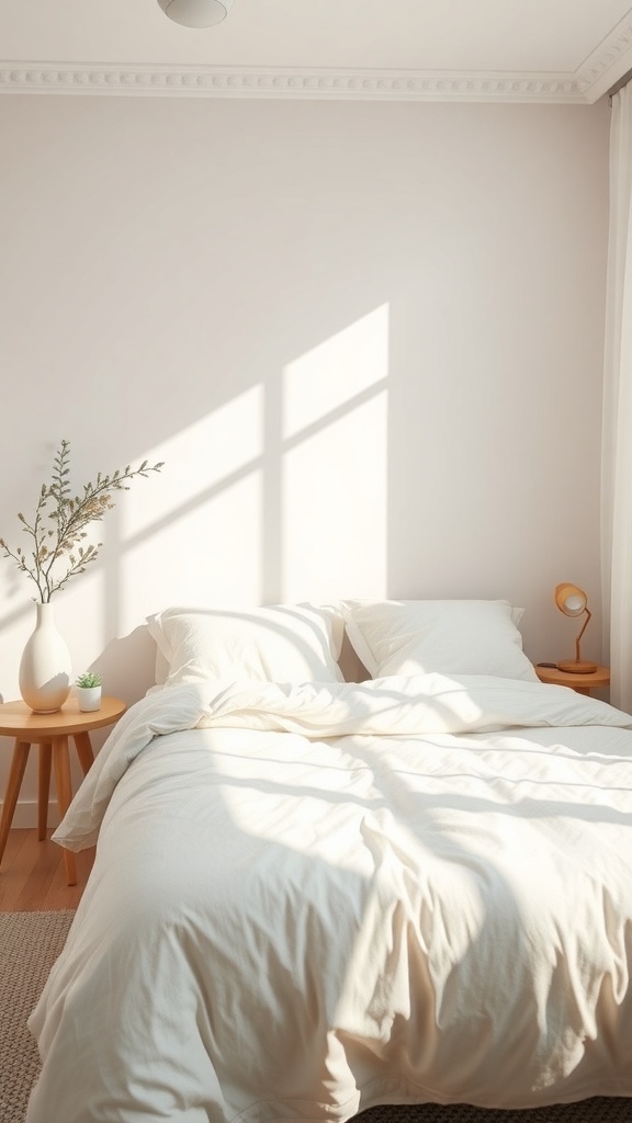 A cozy small bedroom with light-colored bedding and a simple decor.