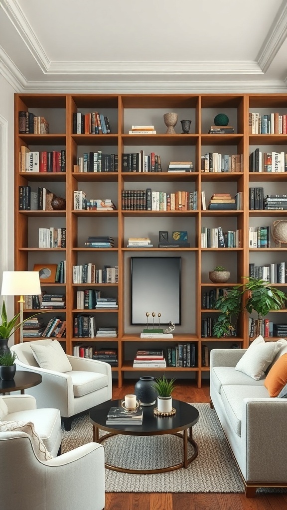 Cozy home library with wooden bookshelves filled with books and decorative items, featuring comfortable seating and a warm atmosphere.