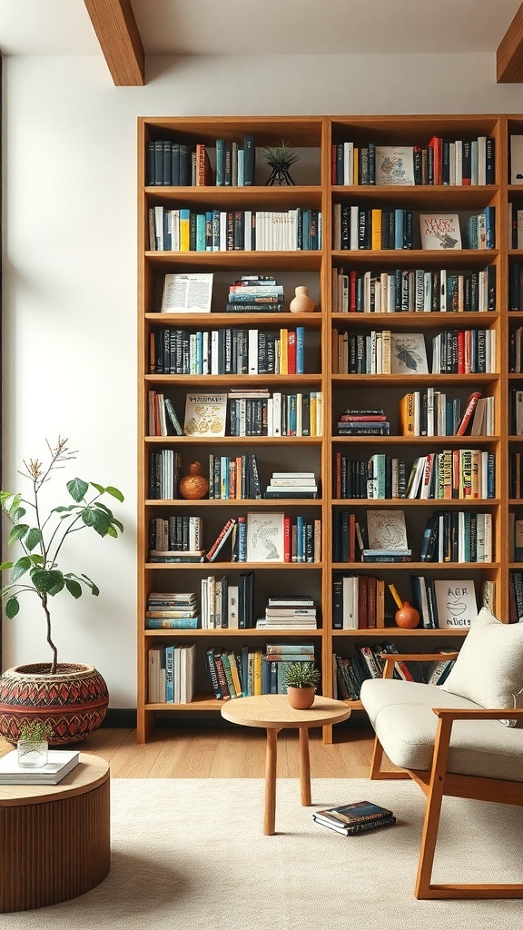 A cozy home library featuring wooden bookshelves filled with books, a comfortable chair, and a small table.
