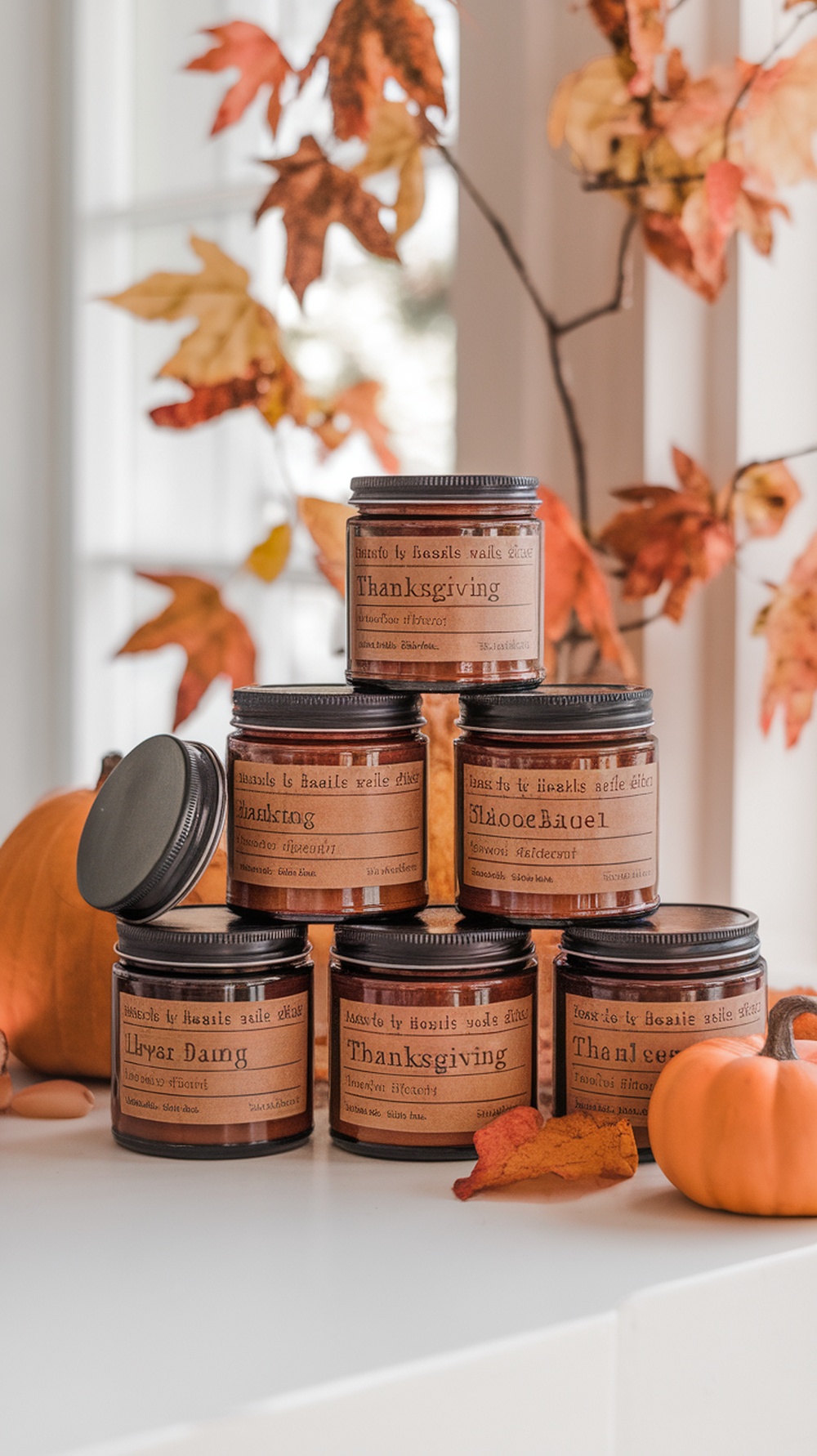 A collection of Thanksgiving-themed candles with warm autumn colors and rustic labels, displayed with pumpkins and autumn leaves.