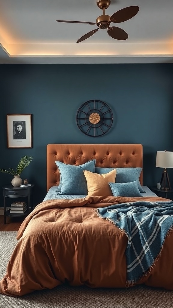 A cozy bedroom with dark blue walls, an orange headboard, and warm bedding.