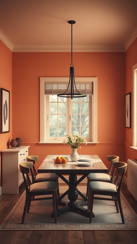 A cozy small dining room with warm orange walls, a wooden table, and stylish chairs.