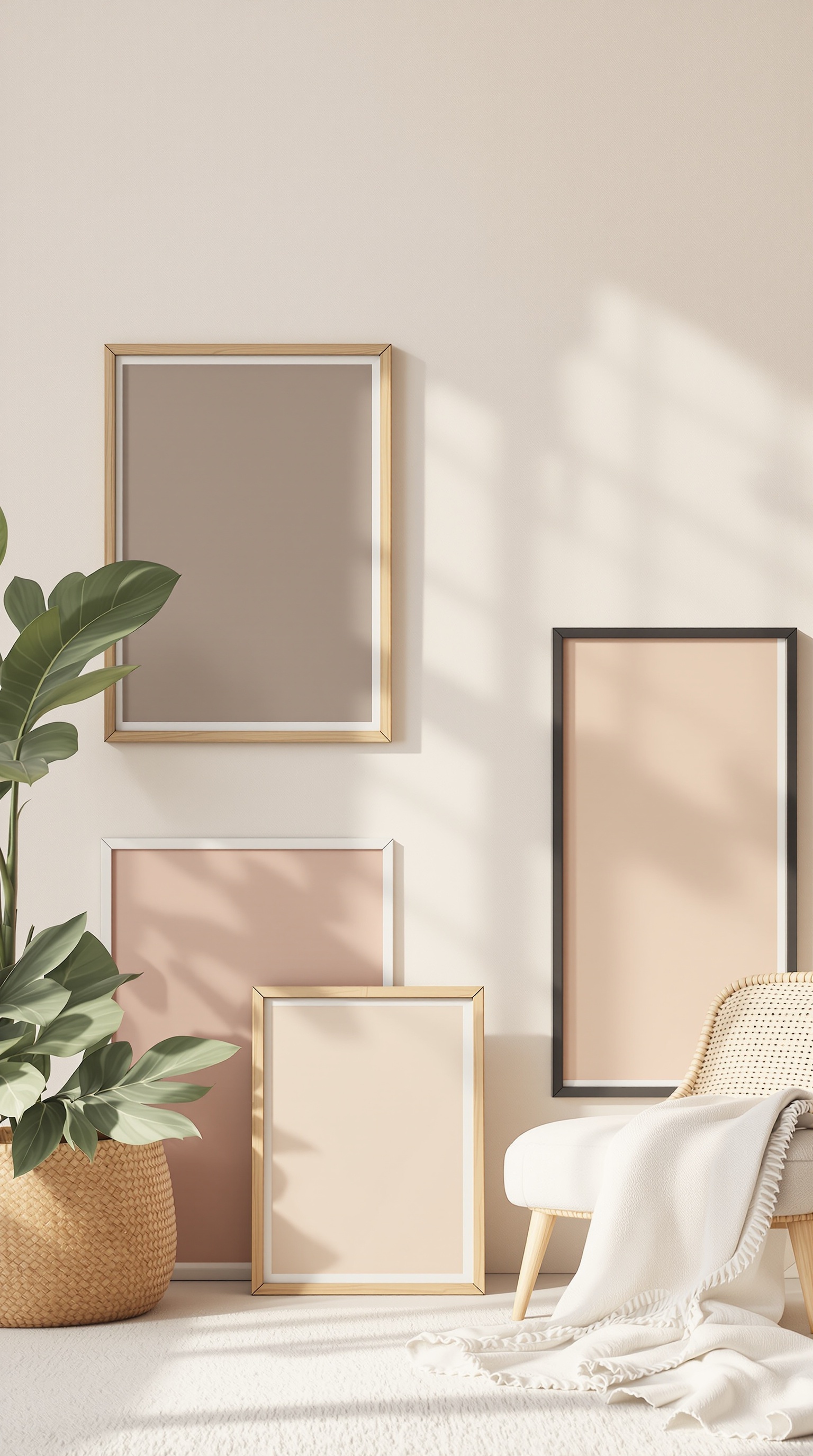A collection of frames in soft neutral colors arranged on a light wall with a plant and a cozy chair.
