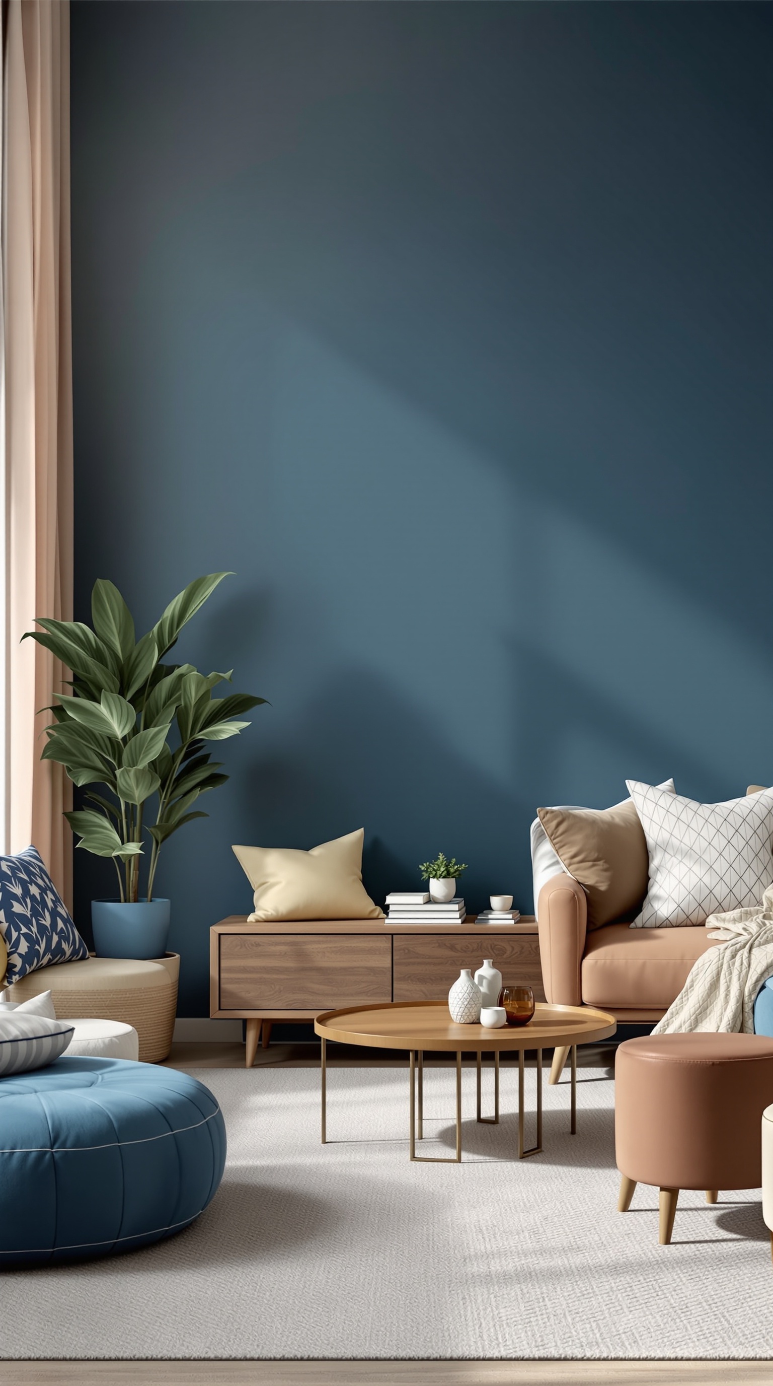 Cozy family room with a blue wall, beige furniture, and decorative pillows.