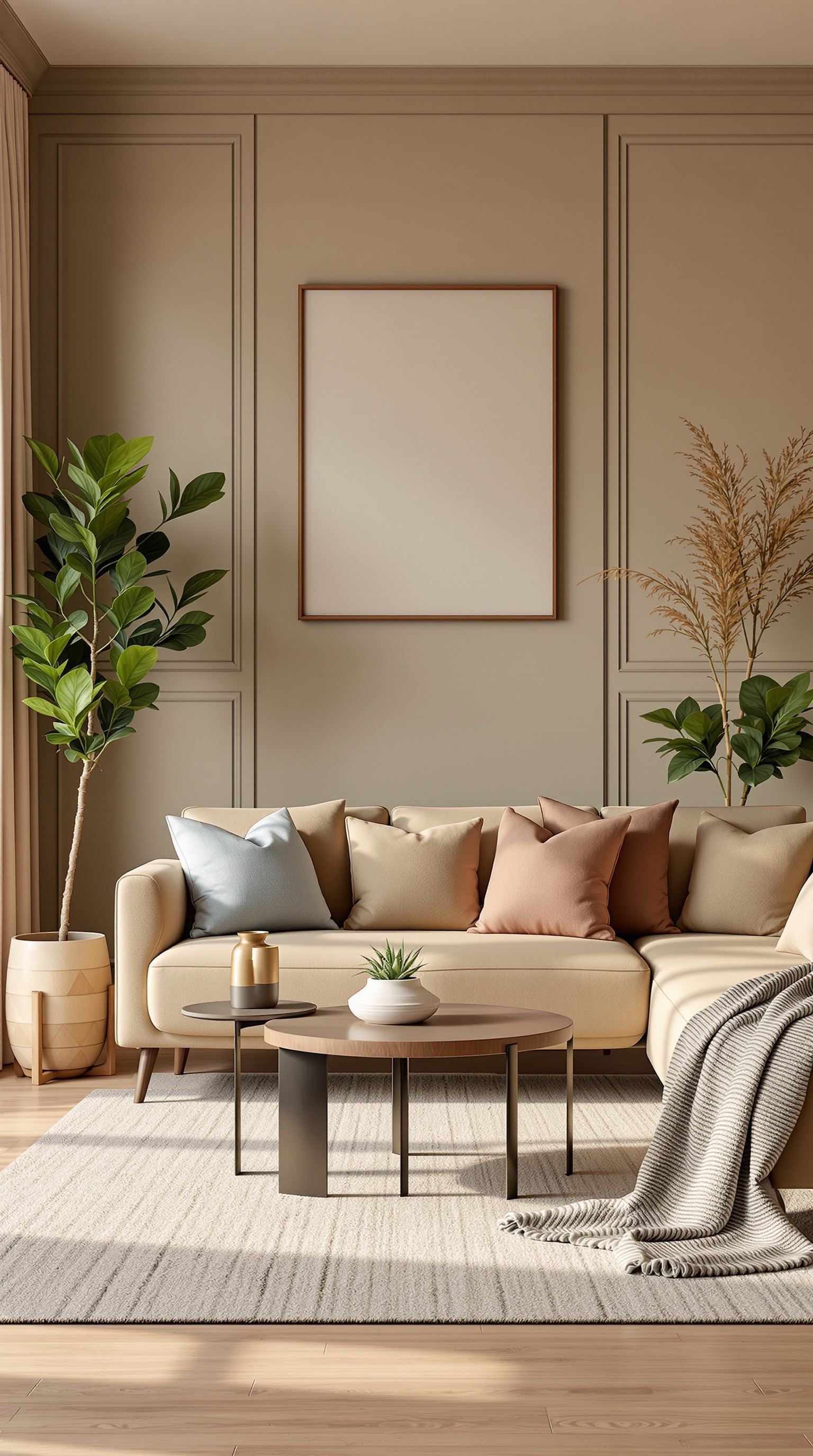 A cozy family room featuring a beige sofa with colorful pillows, a round coffee table, and plants.