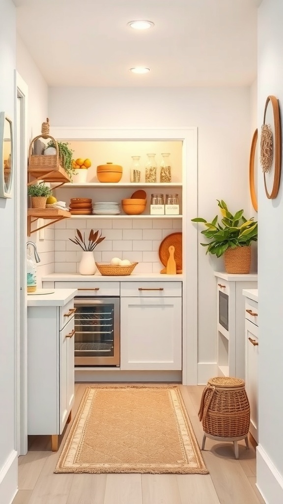 A small walk-in pantry with white cabinets, wooden shelves, and a cozy rug.