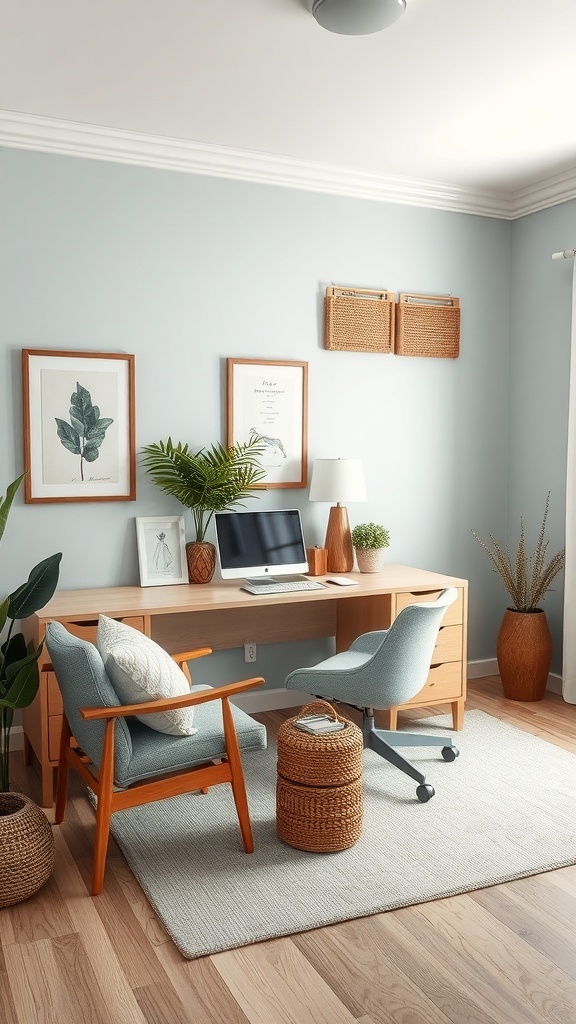 A cozy home office featuring soft blue walls, wooden furniture, and green plants.