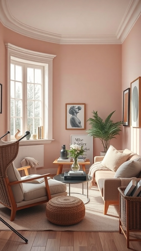 Cozy reading nook with soft pink walls, neutral furniture, and a touch of greenery.