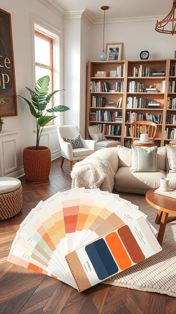 A cozy home library featuring paint swatches, a bookshelf, and comfortable seating.