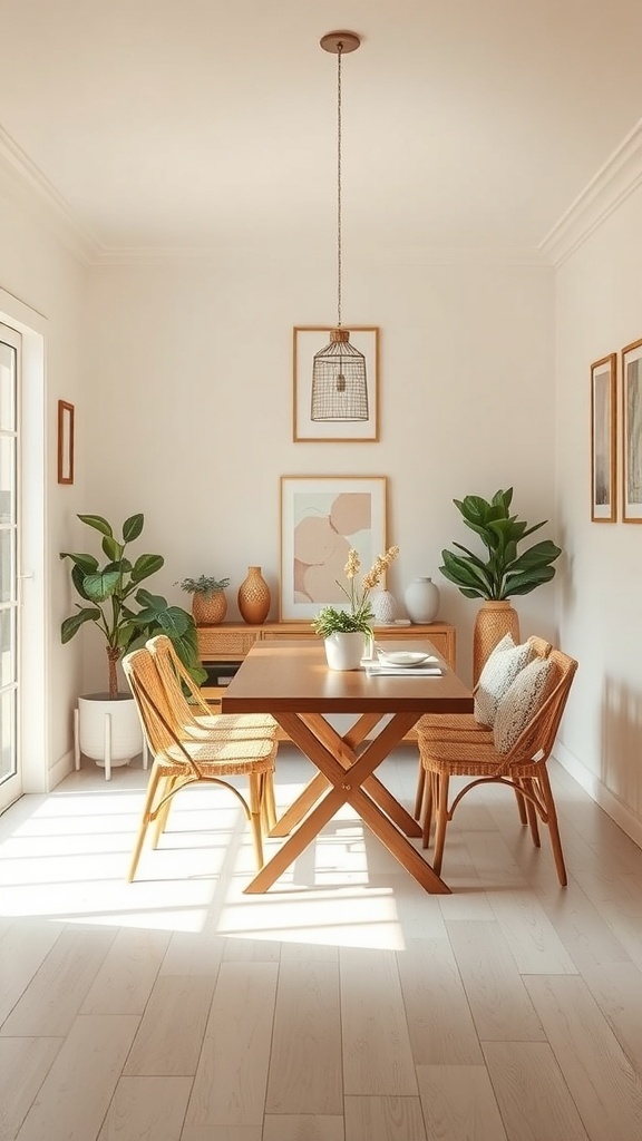 A small dining room with a wooden table, chairs, and plants, featuring soft neutral colors and natural light.