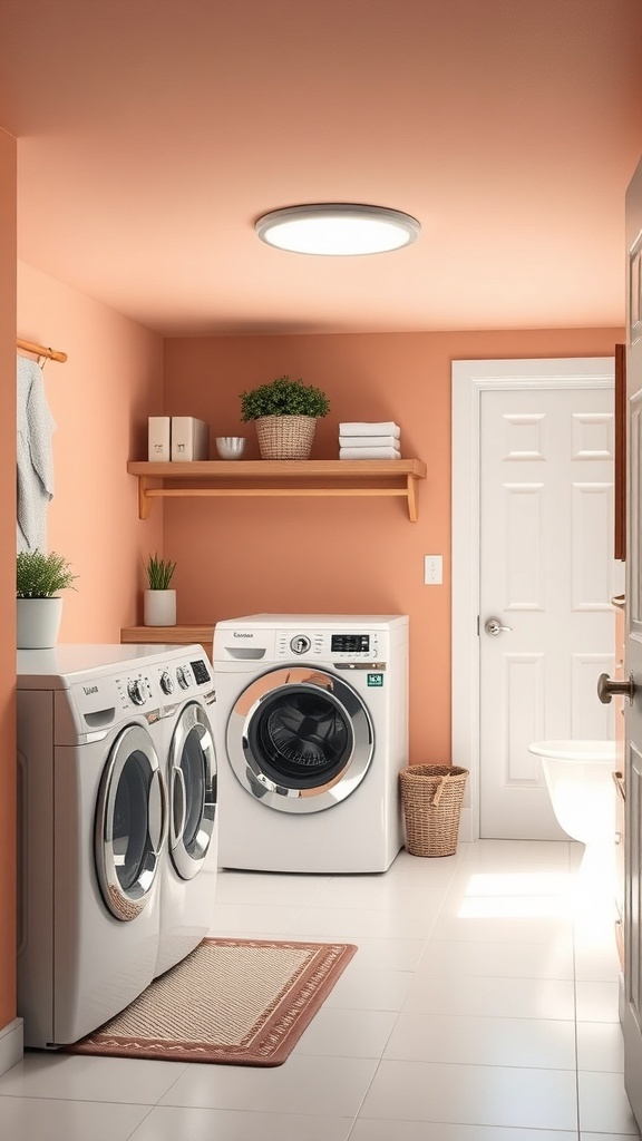 A bright basement laundry room with peachy-orange walls, white appliances, and wooden shelving.