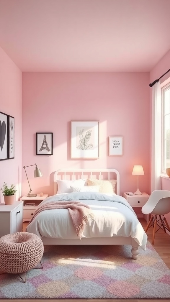 A small teen bedroom with pink walls, white bedding, and pastel accents.