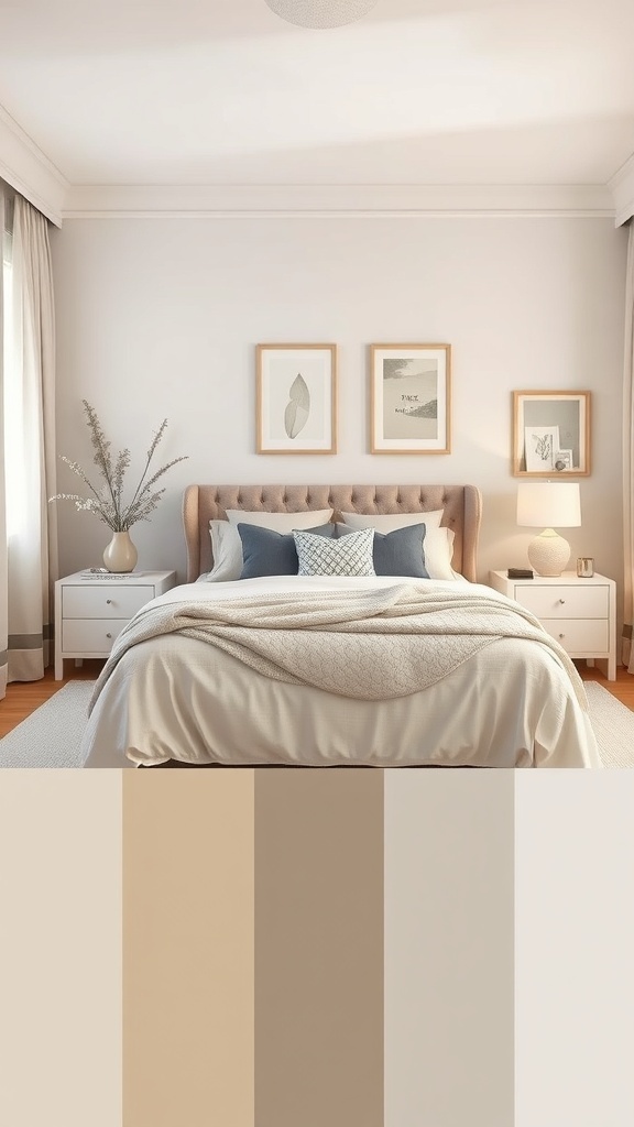 A neutral bedroom featuring soft beige and white tones with blue accents in the pillows.