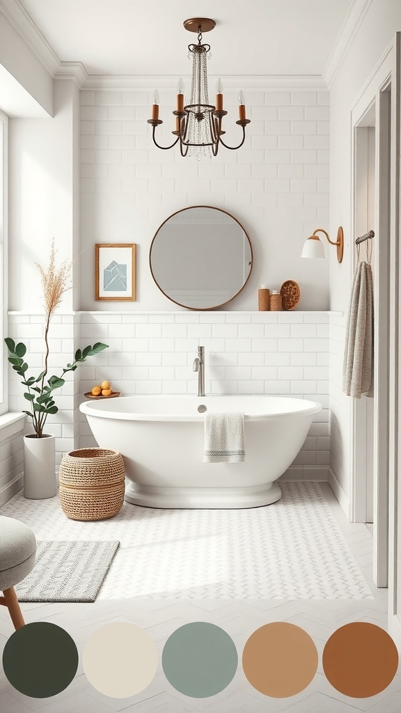 A bright guest bathroom featuring white tiles, a round mirror, and various color palette options.