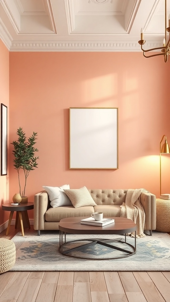 Cozy living room with coral walls and a light ceiling, featuring a comfortable couch and stylish decor.
