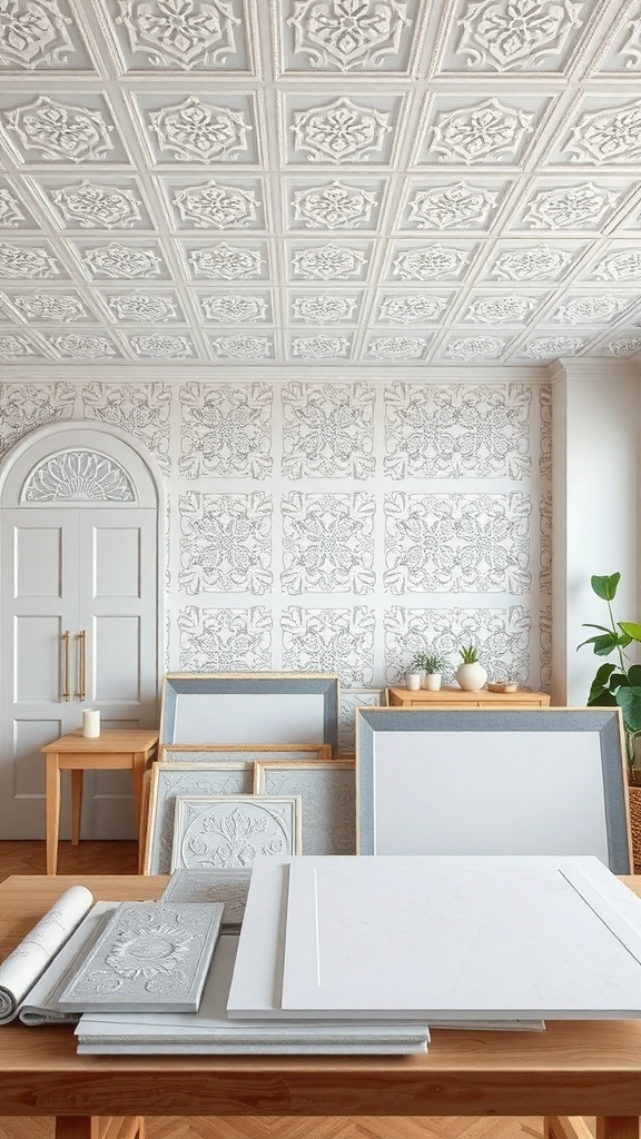 Decorative ceiling tiles displayed on a table with a textured ceiling in the background.