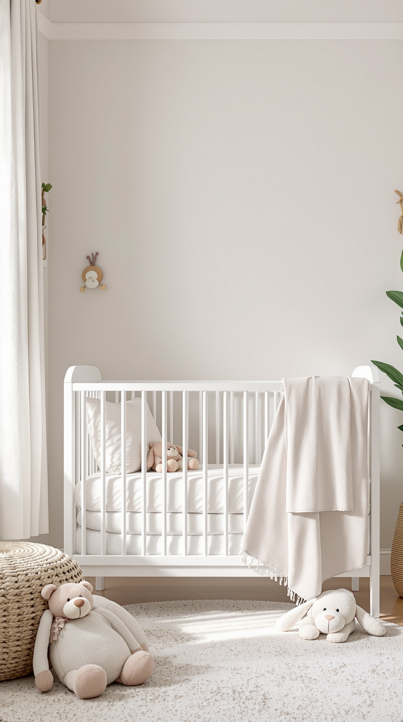 A cozy baby crib in a softly decorated nursery with plush toys and a peaceful atmosphere.