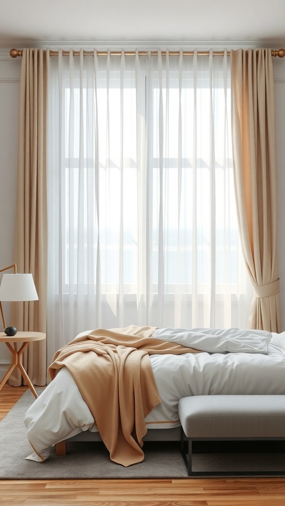 A bright bedroom with light-colored curtains, a cozy bed, and a warm blanket.