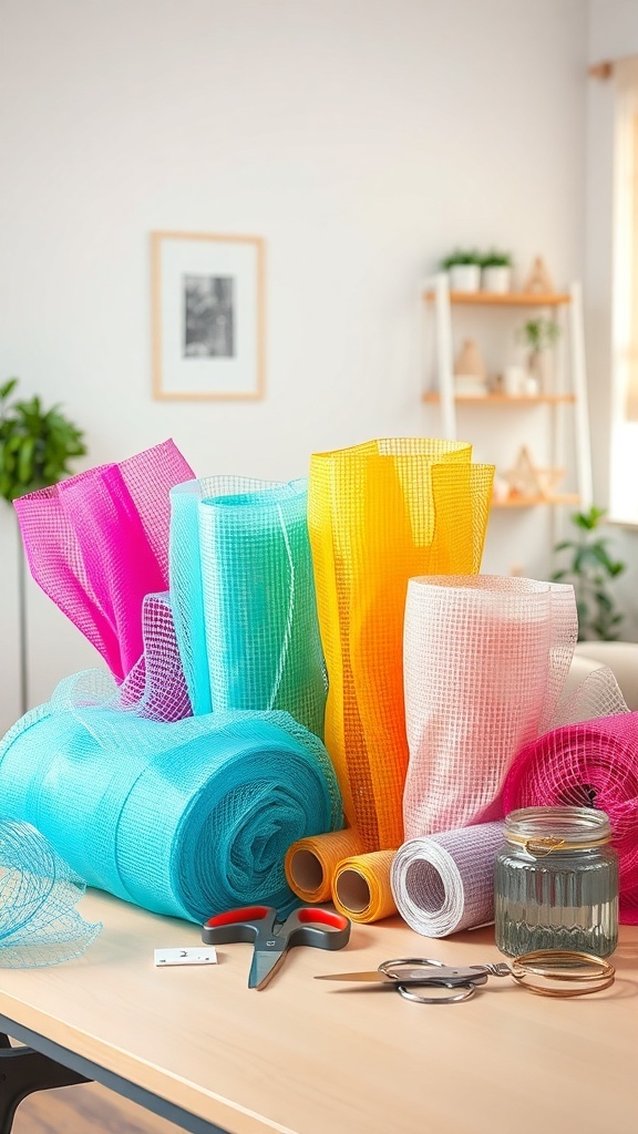 Colorful rolls of deco mesh in various shades on a table, with scissors and a jar nearby.