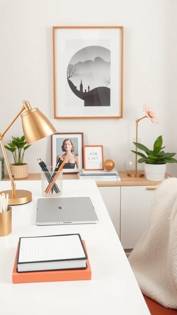 A stylish desk setup featuring a lamp, organized stationery, a laptop, and plants, creating a functional workspace.