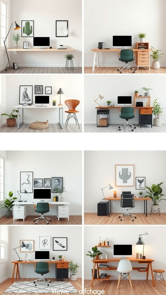 A collage of various desk setups showcasing different sizes and styles, including plants and artwork.