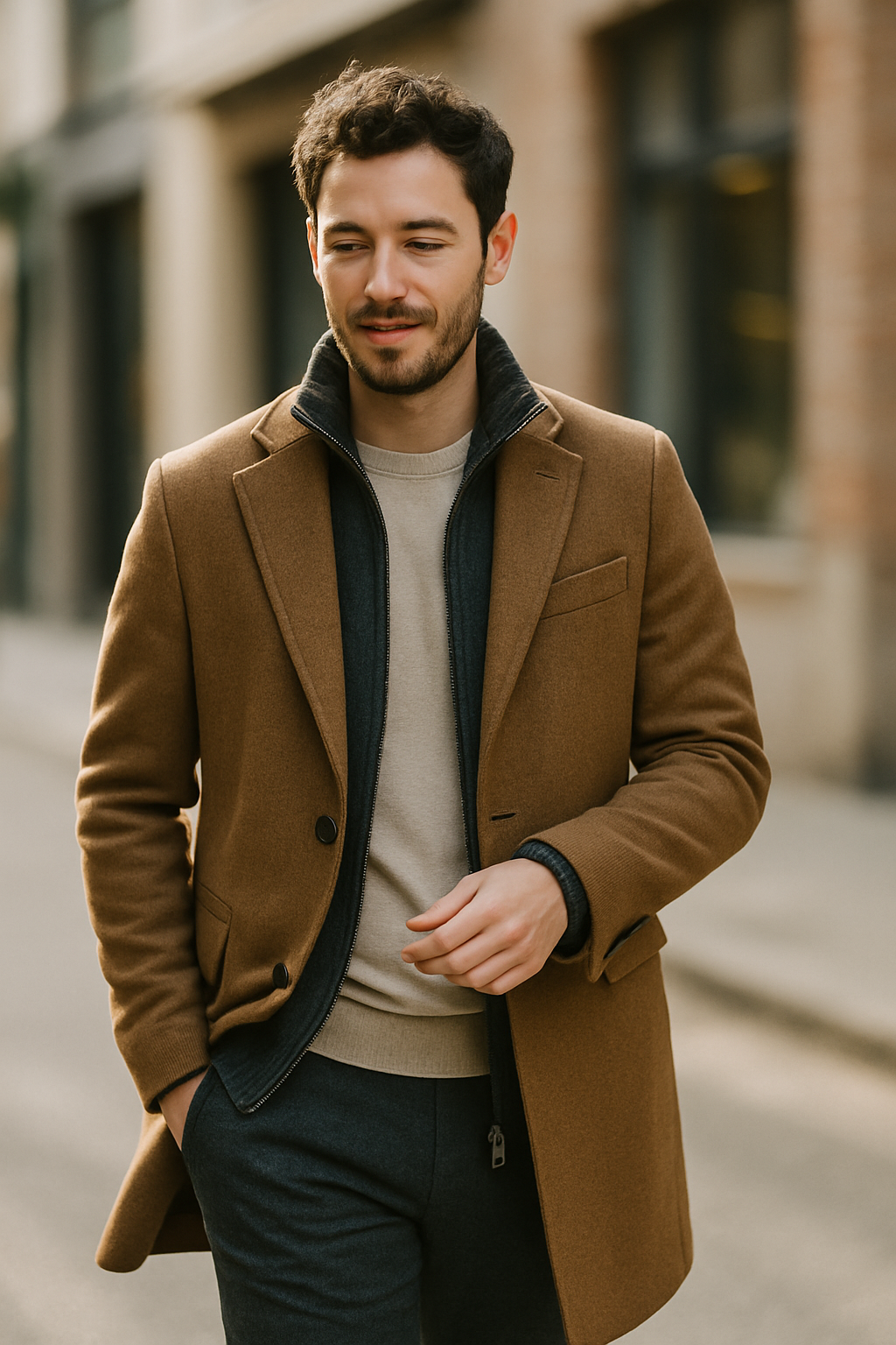A man wearing a stylish brown coat over a gray suit, walking casually on a city street.