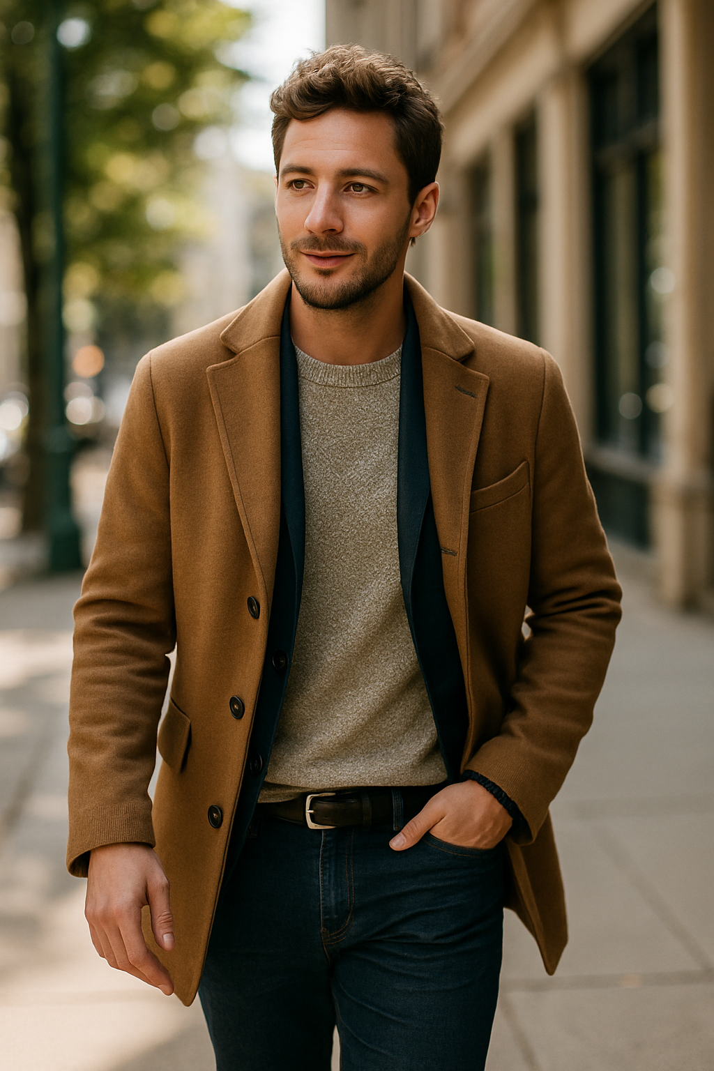 A man walking in a stylish outfit, featuring a navy blue suit and a casual sweater.