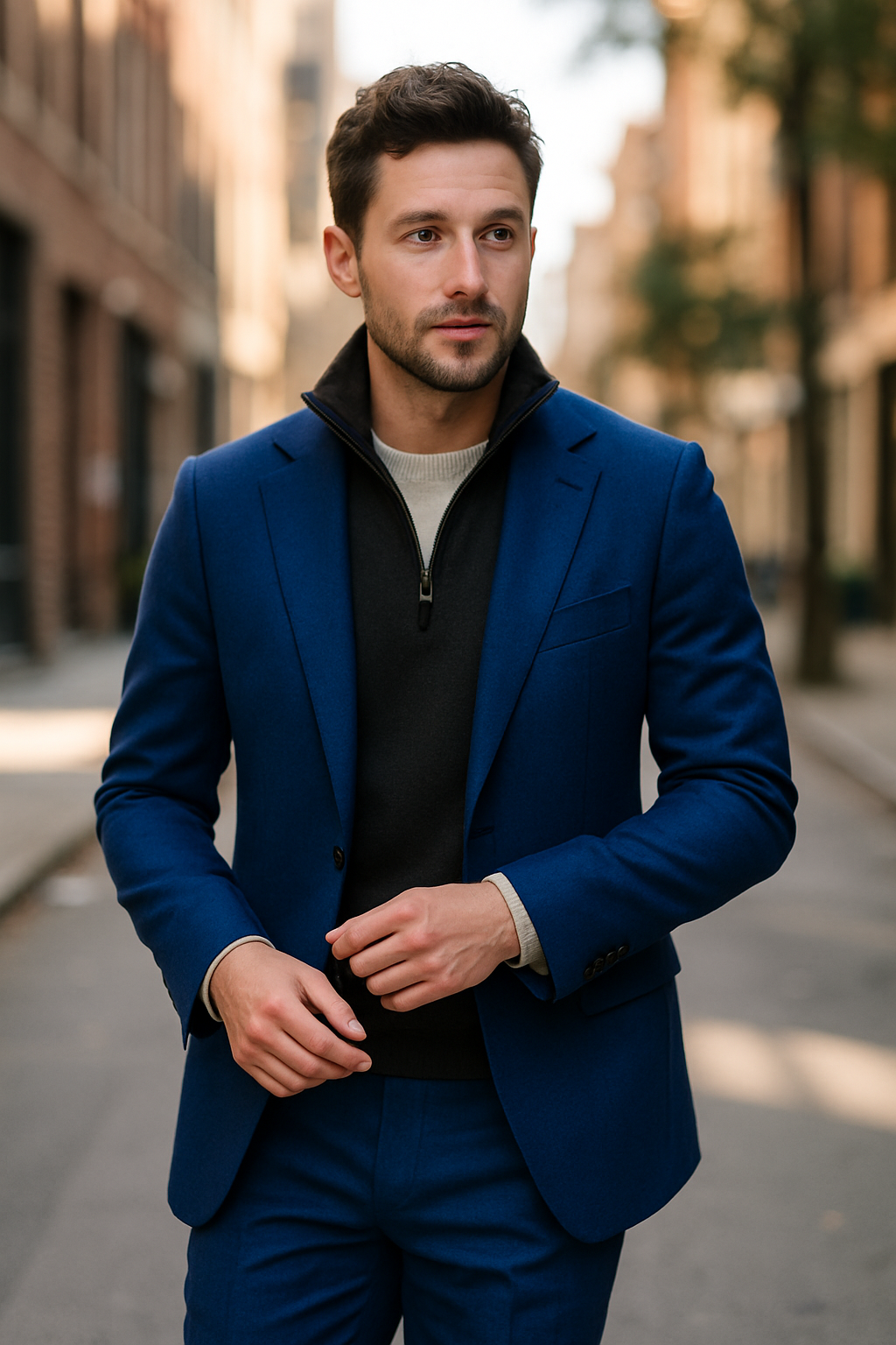 A man wearing a royal blue suit with a black zip-up sweater, standing on a city street.