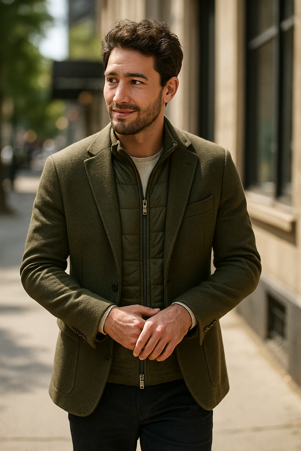 A man wearing an olive green suit with a stylish jacket and a quilted inner layer, walking confidently on a city street.