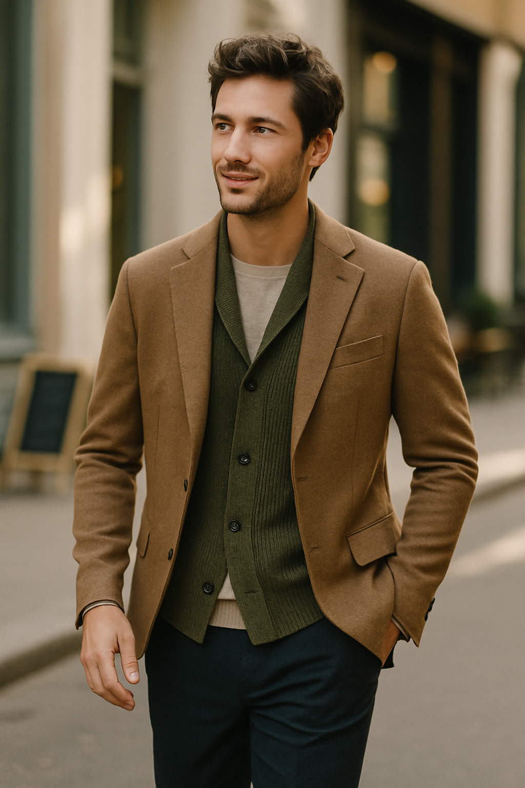 A man wearing a stylish brown blazer over a green vest, walking on a city street.