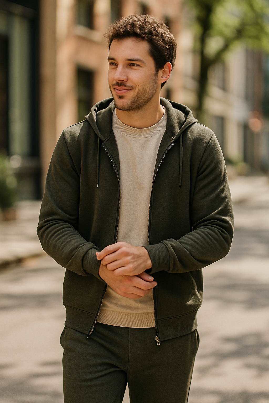 A man wearing a stylish olive green track suit with a hoodie, standing outdoors.