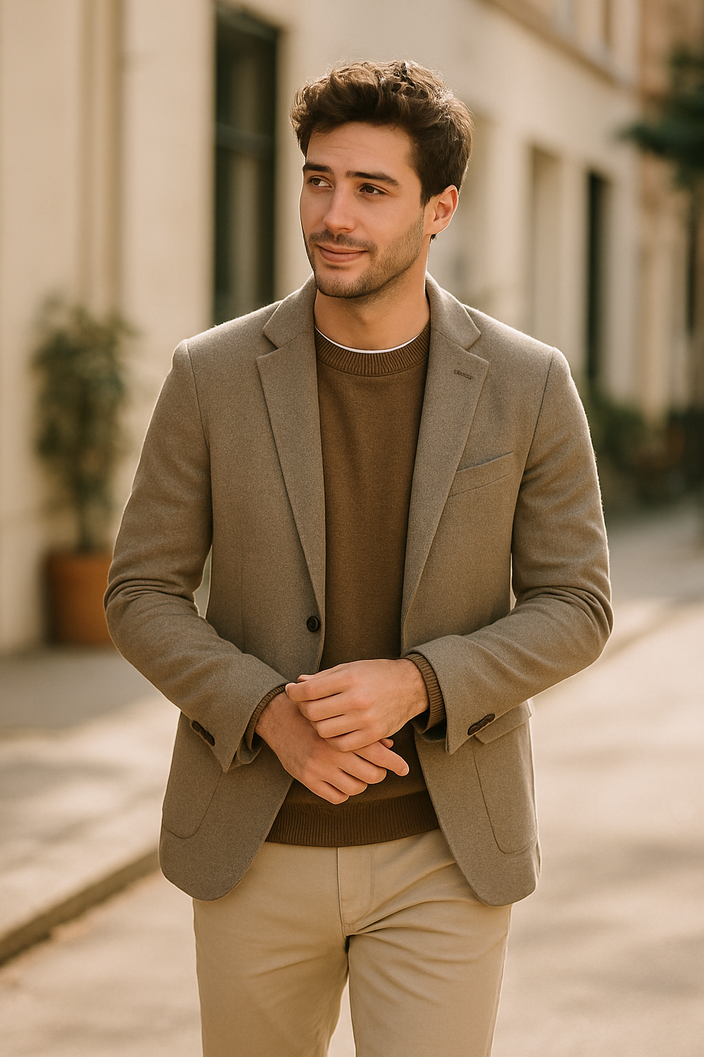 A stylish man in a beige blazer and brown sweater.