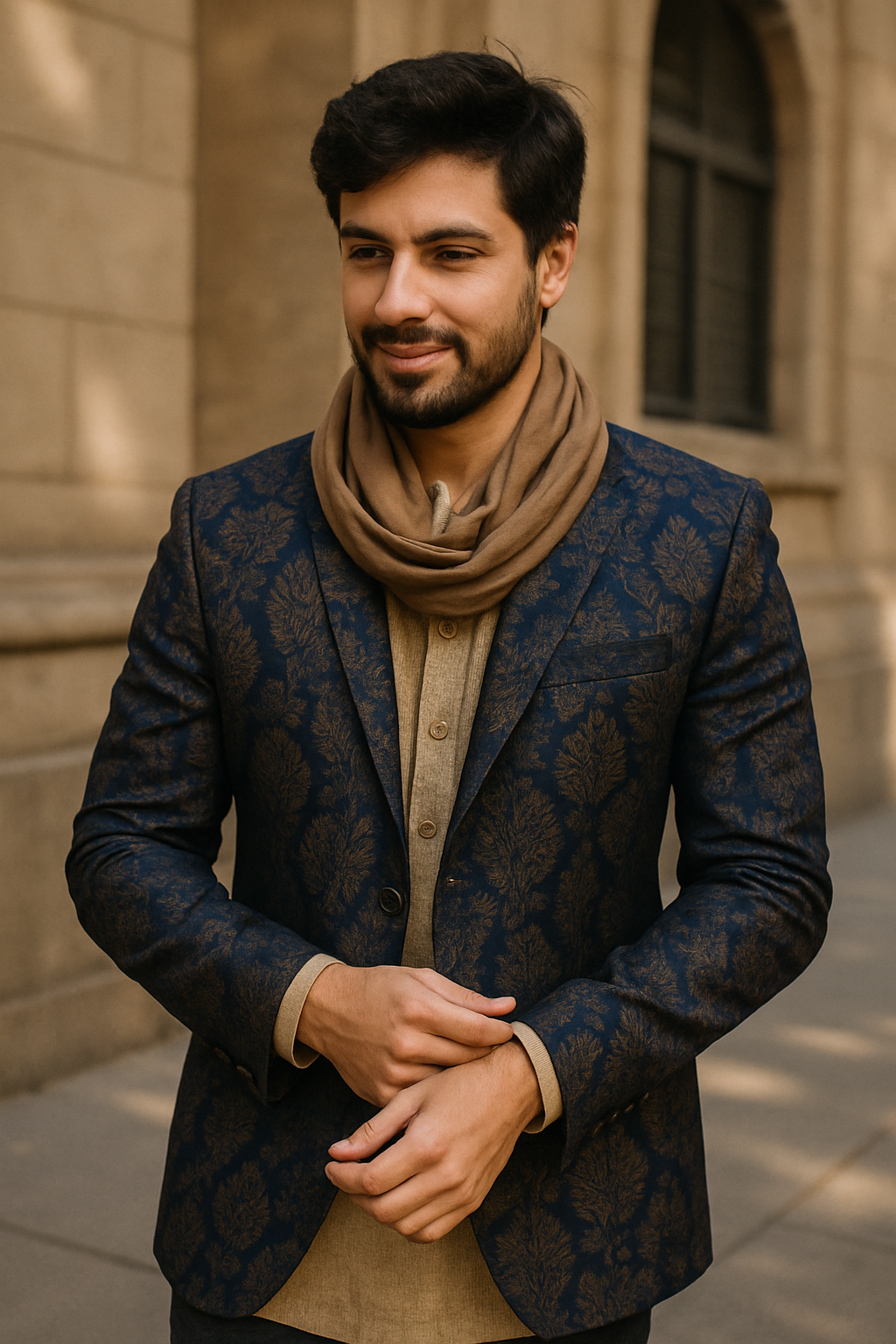A man in a blue patterned blazer with a scarf, showcasing a stylish wedding outfit.