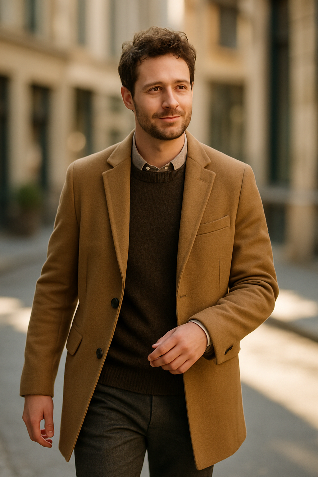 A man in a stylish brown coat walking confidently in a city setting.