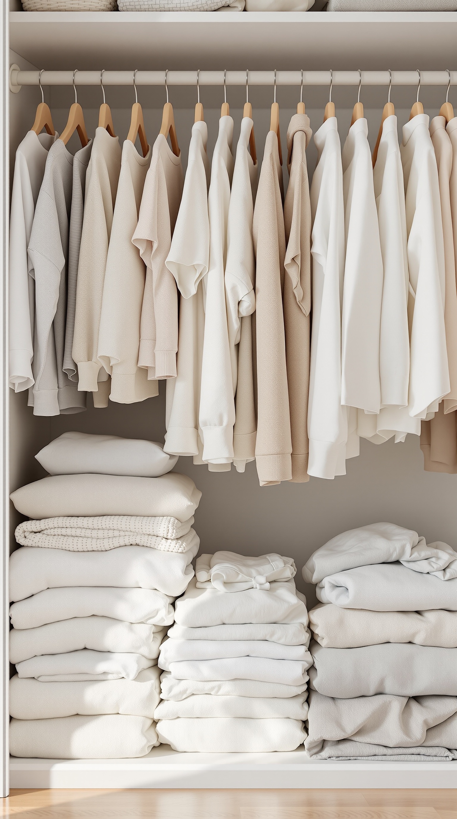 A neatly organized baby closet with soft, neutral-colored clothes hanging and folded.