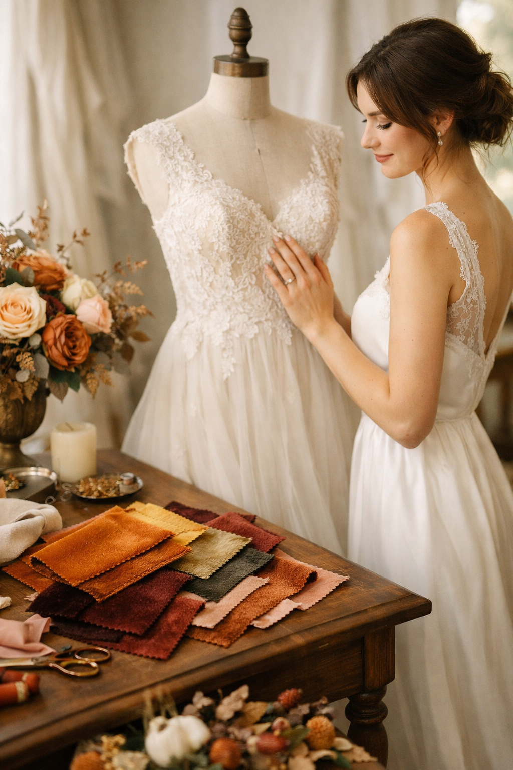 A bride admires wedding dress details while surrounded by autumn-colored fabric swatches.