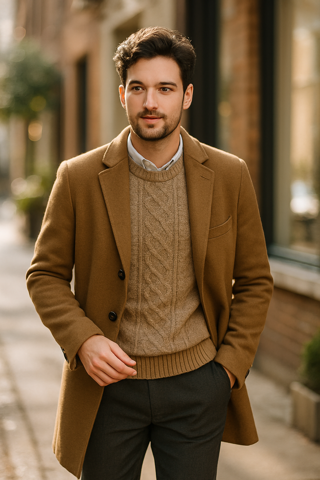 A stylish man wearing a brown coat over a knitted sweater, standing outdoors.