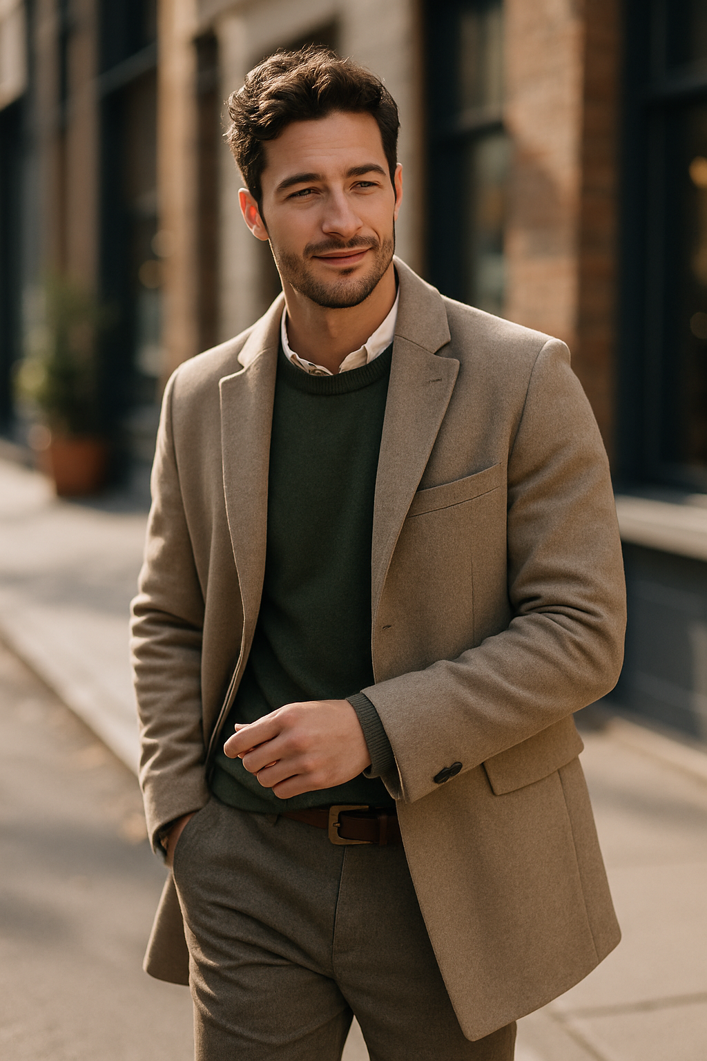 A man wearing a smart outfit with a blazer, sweater, and a linen shirt, showcasing a stylish and comfortable look.