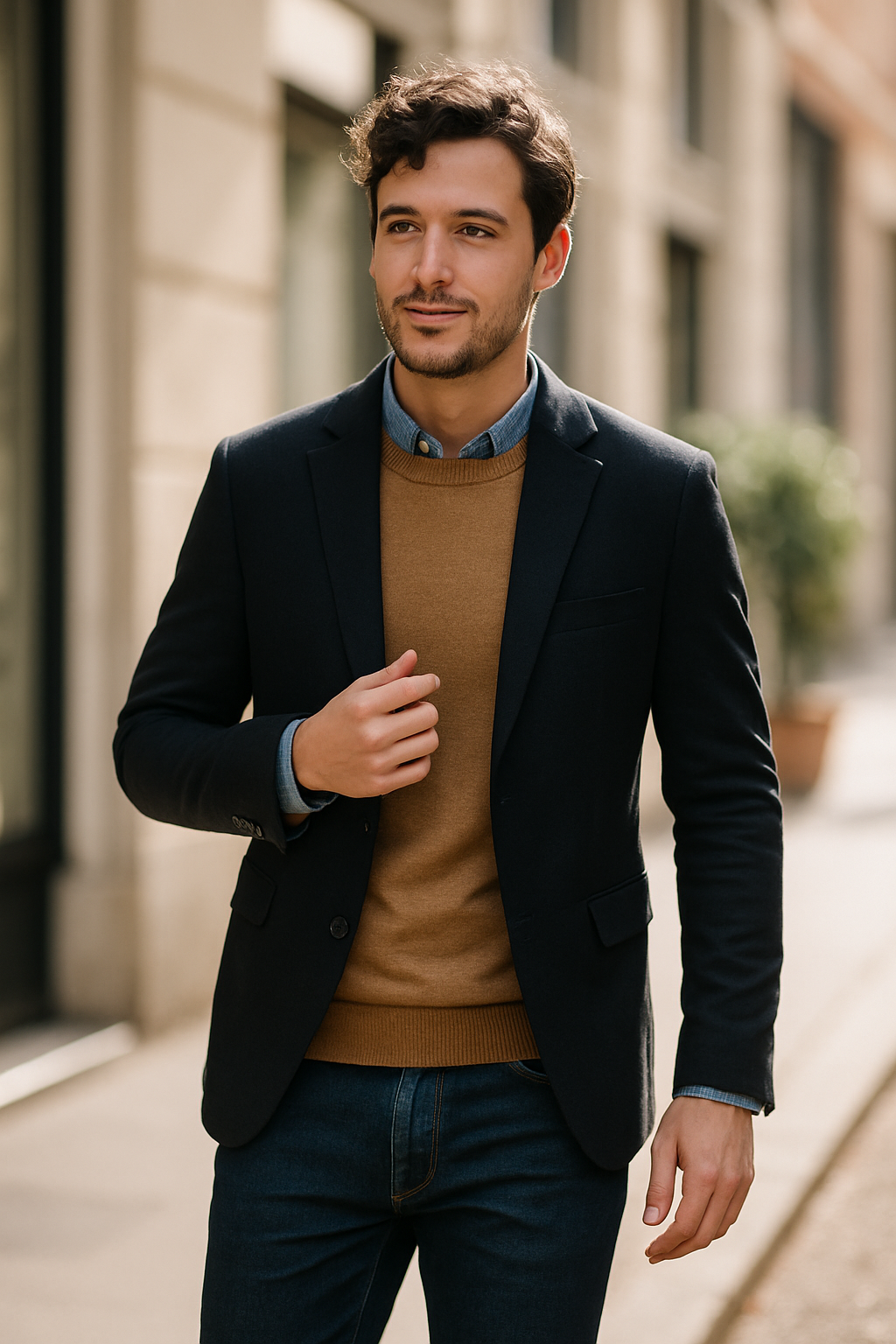 A well-dressed man wearing a black blazer over a brown sweater and blue shirt, walking confidently outdoors.