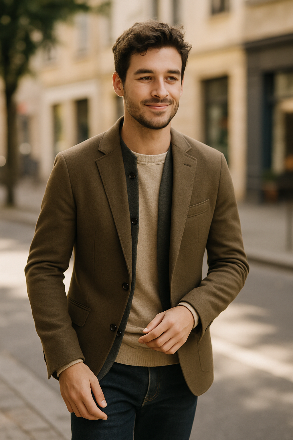 A man wearing a khaki blazer over a light sweater, walking casually in an urban setting.