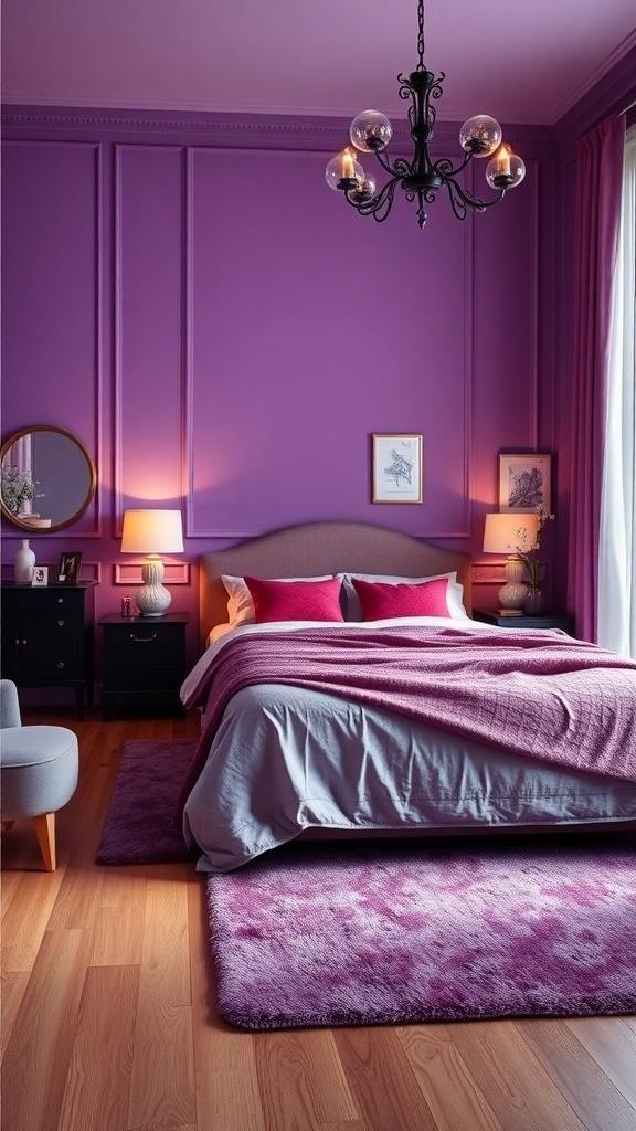 A romantic purple bedroom featuring wooden flooring, a plush rug, and elegant decor.