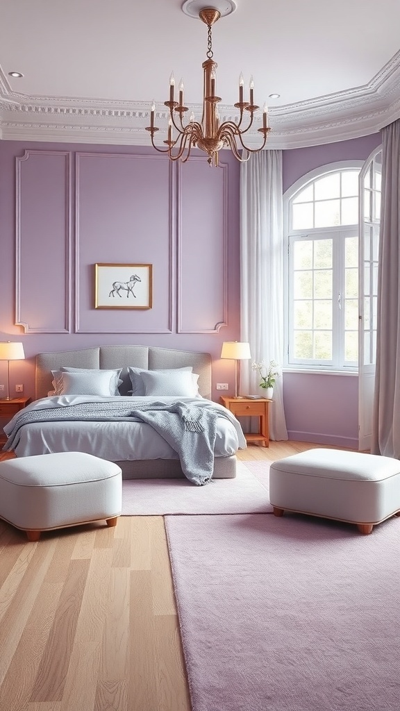 A beautifully decorated lilac bedroom with light hardwood flooring, a plush area rug, and elegant furnishings.