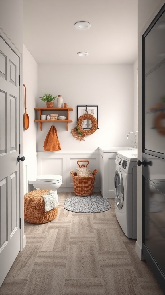 A stylish mud room laundry room combo featuring light wood-like flooring, a washing machine, and cozy decor.